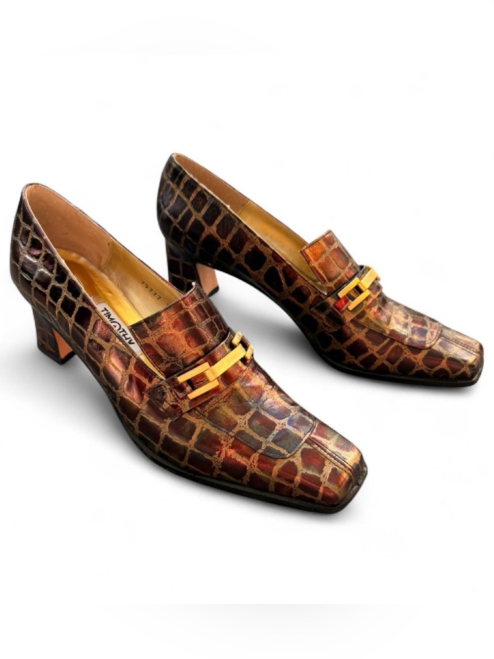 Vintage Timothy Hitsman Croc Print Heels Gold Chameleon Croco Spain NEW 9 Narrow